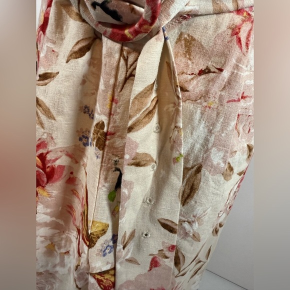 Express Floral Linen Blend Romper XL NWT Puff Sleeve Belted Lined Crochet $118 - Picture 3 of 11